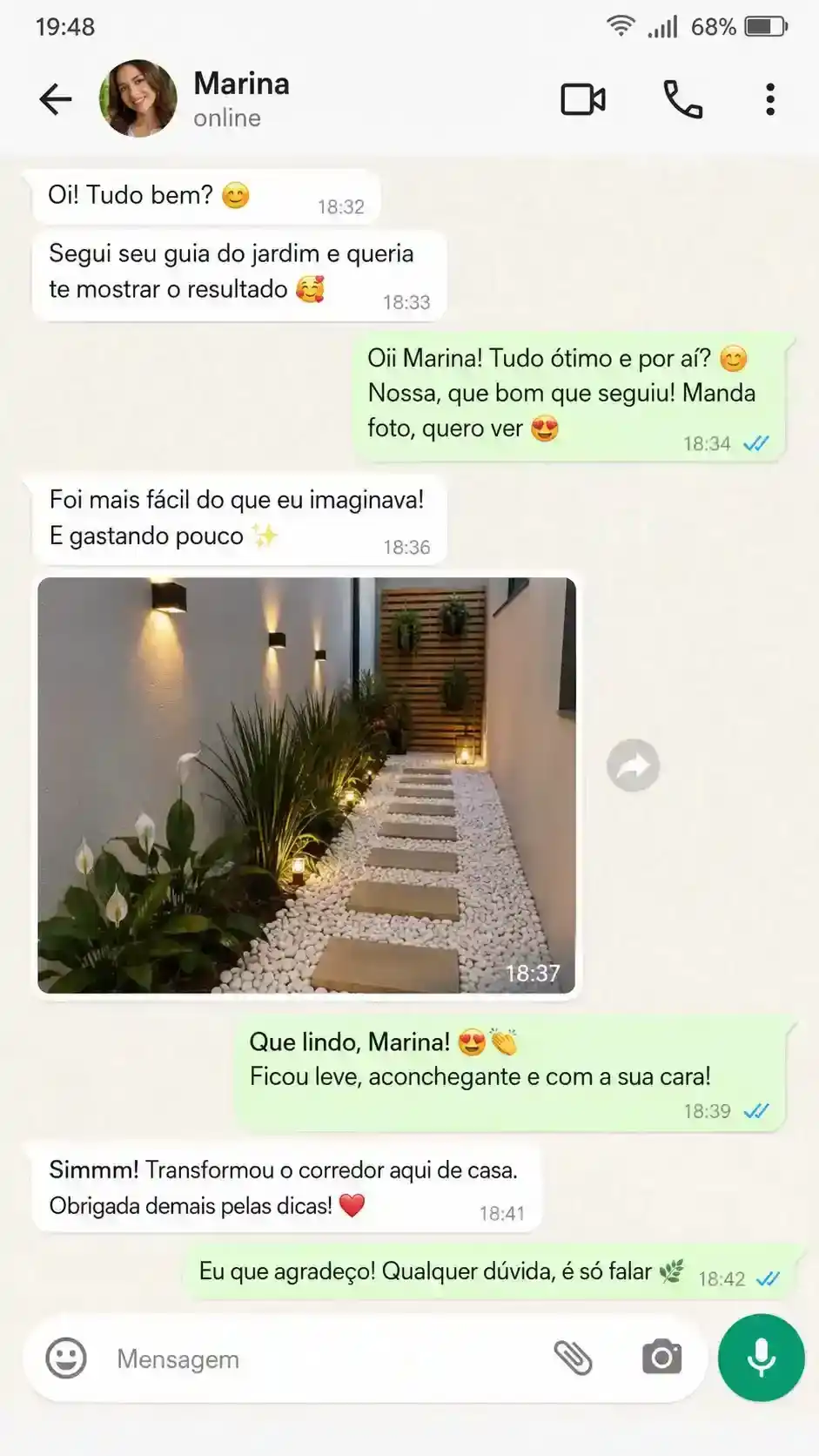 Conversa no WhatsApp de quem aplicou o passo a passo de paisagismo