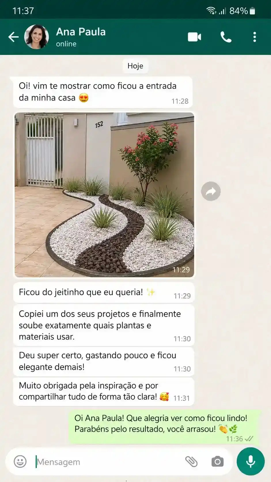 Depoimento no WhatsApp de cliente sobre a transformação do jardim