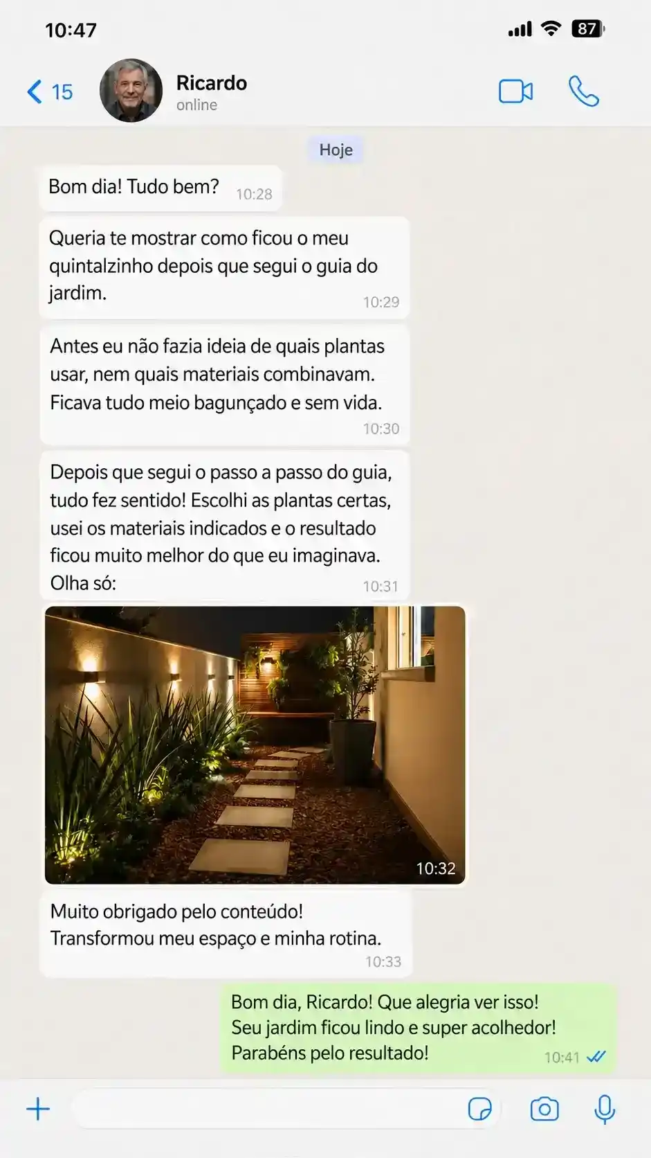 Depoimento de cliente satisfeito com a praticidade do projeto